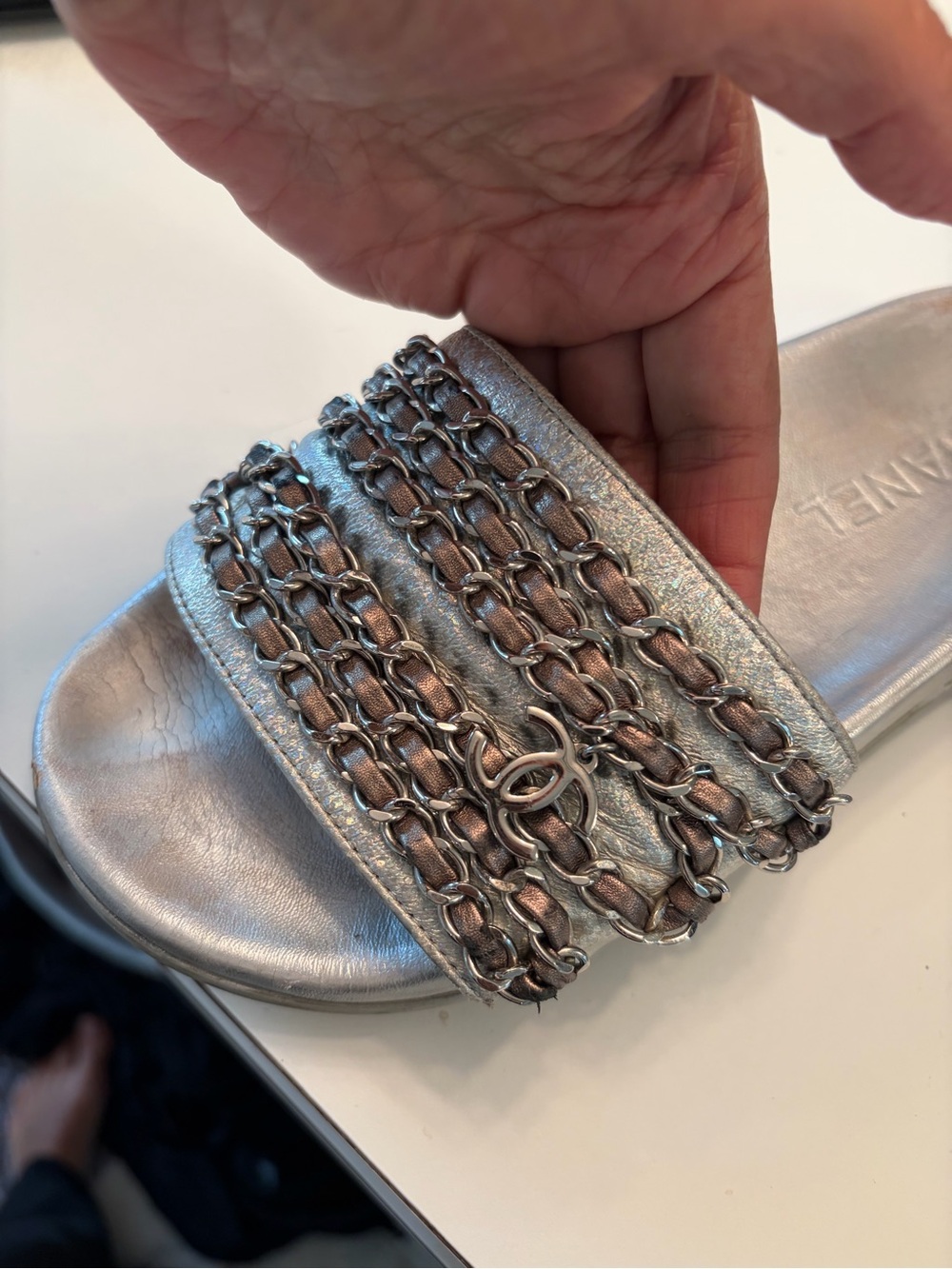 CHANEL Silver Chain-Embellished Slide Sandals